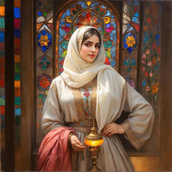 نقاشی زن ایرانی با حجاب و لباس سنتی، فانوس و پنجره رنگی سنتی