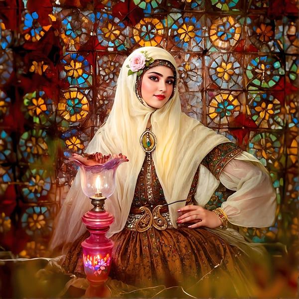 نقاشی زن ایرانی با حجاب و لباس سنتی، فانوس و ظرف قلمکاری، پنجره رنگی