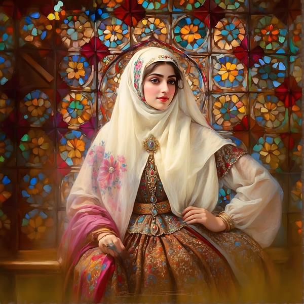 نقاشی زن ایرانی با حجاب و لباس سنتی، در مقابل پنجره رنگی