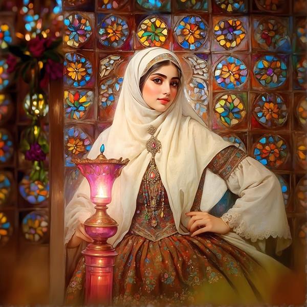 نقاشی زن ایرانی با حجاب و لباس سنتی، چراغ و پنجره رنگی