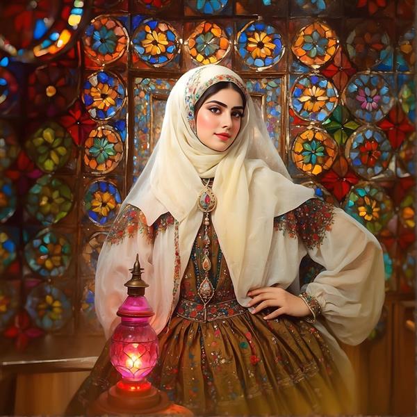 نقاشی زن ایرانی با لباس سنتی، فانوس و پنجره‌های رنگی