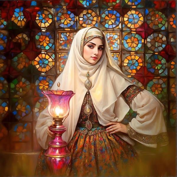 پرتره زن ایرانی با حجاب و لباس سنتی، پنجره شیشه‌کاری رنگی