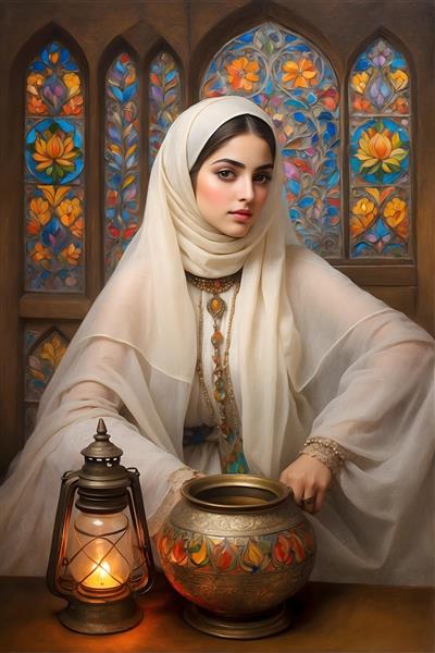 نقاشی زن ایرانی با حجاب و لباس سنتی، فانوس و ظرف قلمکاری