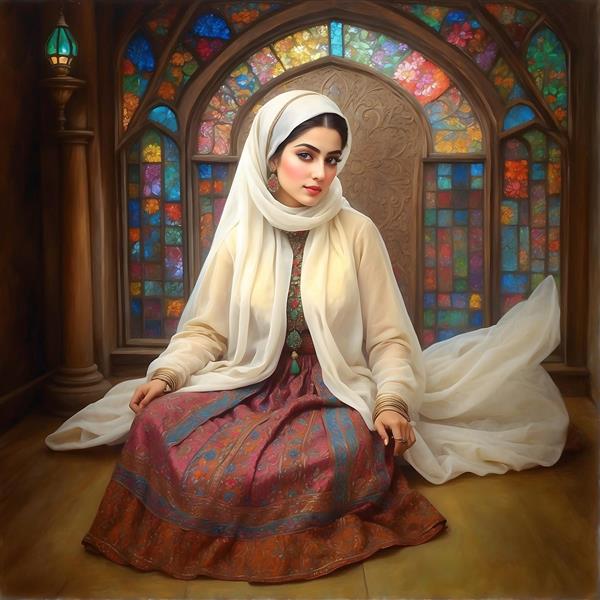 نقاشی زن ایرانی با حجاب و لباس سنتی، در مقابل پنجره رنگی