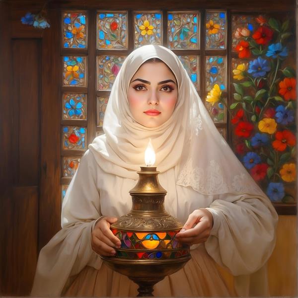 نقاشی زن ایرانی با حجاب و فانوس روشن، پنجره شیشه‌ای