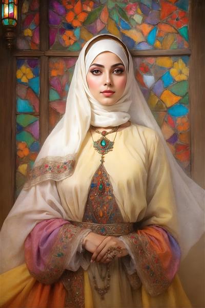 نقاشی زن ایرانی با حجاب و لباس سنتی رنگارنگ، پنجره قدیمی