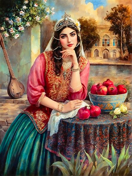 نقاشی زن ایرانی با لباس سنتی و تاج، میوه و عمارت