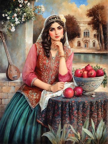 پرتره زن ایرانی با لباس سنتی و تار، میوه و عمارت