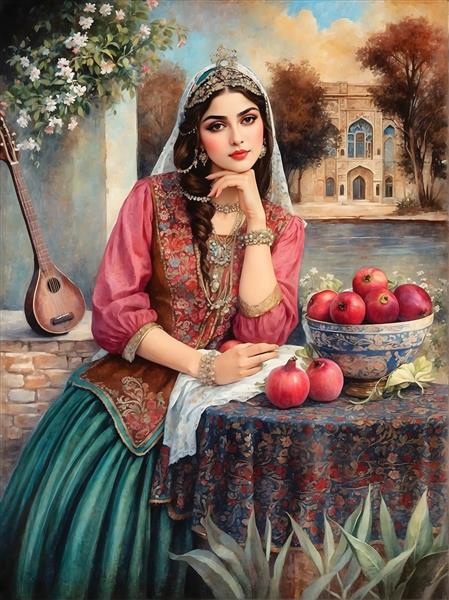 نقاشی زن ایرانی با لباس سنتی، میوه و عمارت با حوض