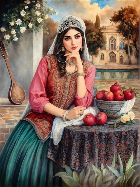 نقاشی زن ایرانی با لباس سنتی و ساز تار، میوه و عمارت