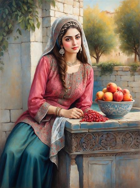 پرتره زن ایرانی با روسری و میوه انار، در معماری باستانی