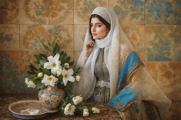 نقاشی زن ایرانی با حجاب و لباس سنتی، گل‌های سفید و دیوار قدیمی