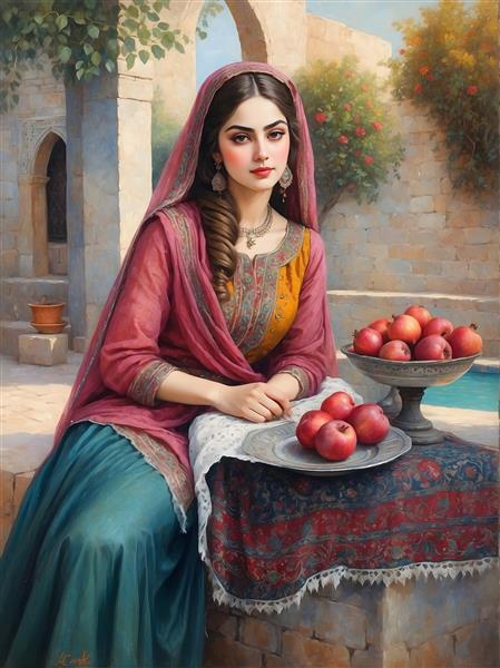 نقاشی زن ایرانی با لباس سنتی صورتی و آبی، میوه و معماری باستانی