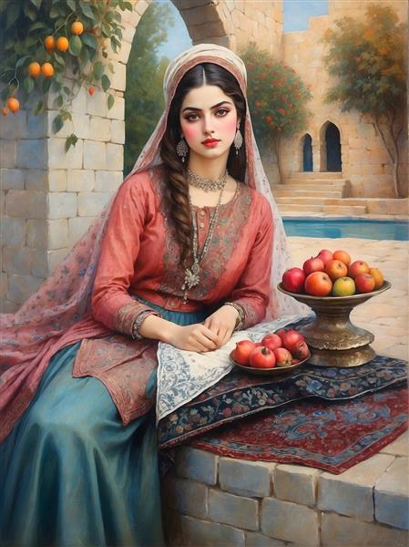 پرتره زن ایرانی با لباس صورتی و شال، میوه‌های پاییزی در باغ