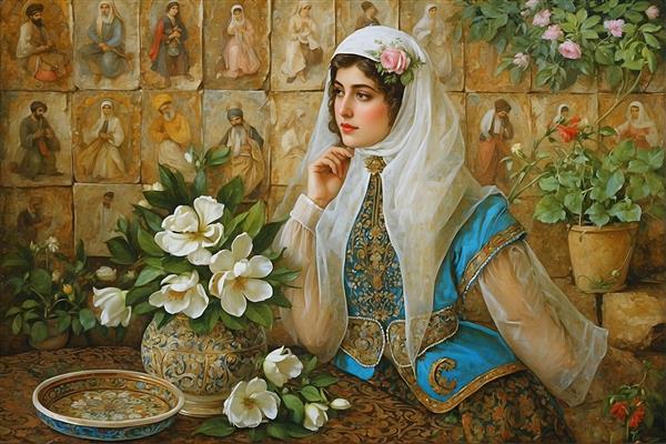 پرتره زن ایرانی با حجاب و لباس سنتی، گل‌های سفید و دیوار تاریخی