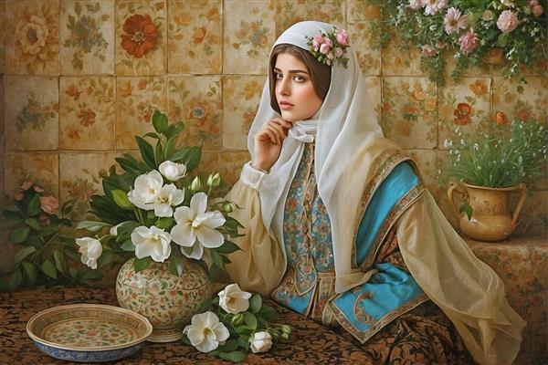 نقاشی زن ایرانی با روسری و گل روی سر، در دکوراسیون سنتی
