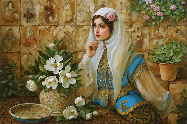 پرتره دختر ایرانی با روسری و گل صورتی، دیوار با طرح‌های قدیمی