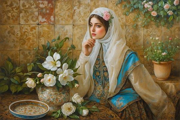 نقاشی زن ایرانی با حجاب و لباس سنتی، گل‌های سفید و دیوار قدیمی