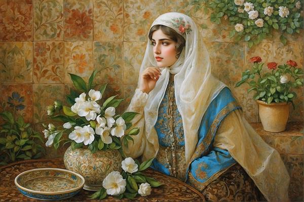 نقاشی زن ایرانی با حجاب و گل‌های سفید در دکوراسیون سنتی