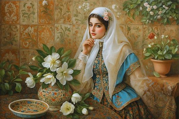 نقاشی دختر ایرانی با حجاب و گل‌های سفید در خانه سنتی