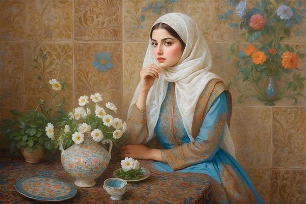 پرتره زن ایرانی با حجاب و گل‌های سفید، میز با ظروف سنتی