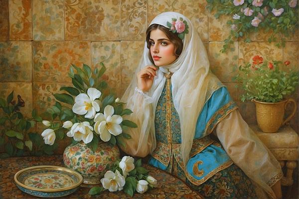 نقاشی زن ایرانی با حجاب و گل‌های سفید، معماری سنتی