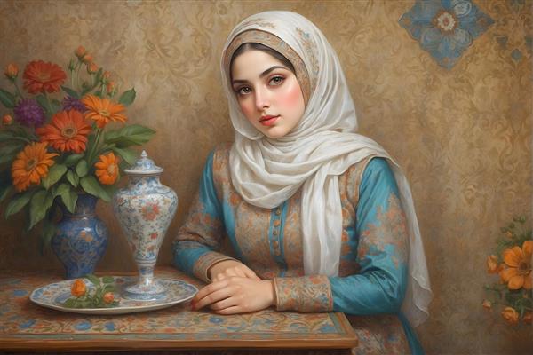نقاشی زن ایرانی با حجاب و لباس آبی، میز با ظروف قدیمی