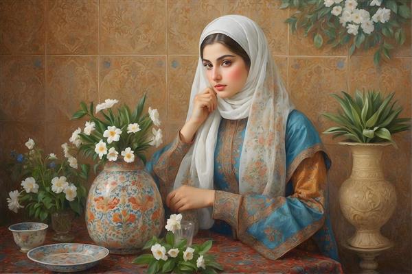 پرتره دختر ایرانی با حجاب و گل‌های سفید و وسایل سنتی