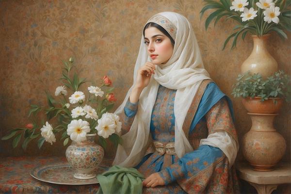 نقاشی زن ایرانی با حجاب و گل‌های سفید در گلدان، سبک سنتی