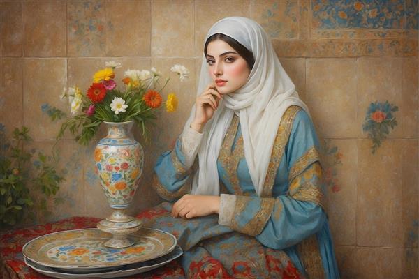 نقاشی دختر ایرانی با حجاب و لباس آبی، گل و سینی قلمکاری