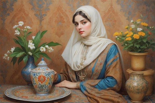 پرتره زن ایرانی با روسری و لباس فاخر، گلدان و سینی سنتی