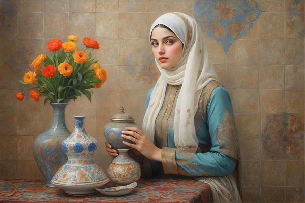نقاشی دختر ایرانی با روسری و ظروف سنتی، گل‌های نارنجی