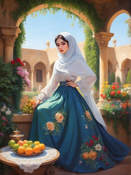 پرتره زن ایرانی با روسری و لباس آبی سنتی در عمارت قدیمی