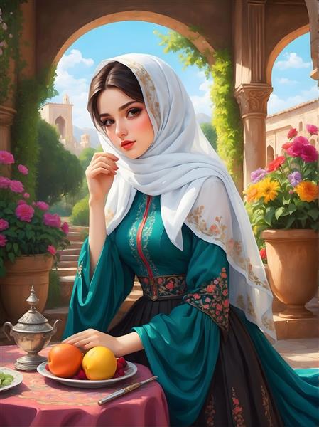 نقاشی دختر ایرانی با حجاب سفید و لباس سبز آبی در باغ ایرانی