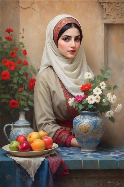 نقاشی زن ایرانی با حجاب و لباس کرم، میوه و گلدان روی میز
