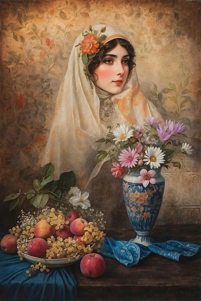 پرتره دختر ایرانی با روسری و گل‌های رنگارنگ، نقاشی کلاسیک