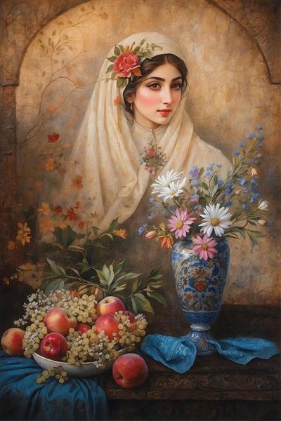 نقاشی زن ایرانی با روسری و گل رز، میوه و گلدان در کنار هم