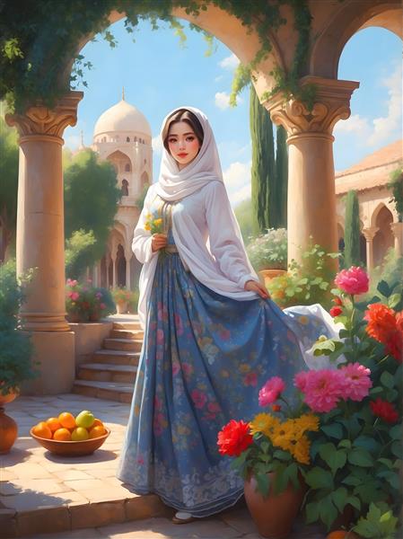 نقاشی دختر ایرانی با حجاب و لباس آبی سنتی در باغ باستانی