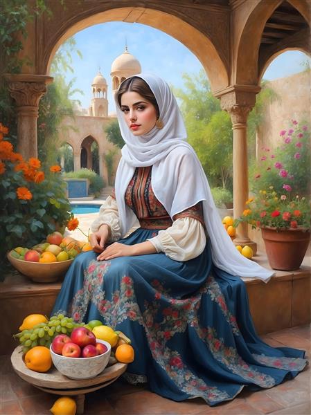 پرتره زن ایرانی با روسری و لباس سنتی در حیاط عمارت، میوه و گل