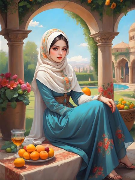 نقاشی دختر ایرانی با حجاب و لباس آبی سنتی در عمارت، میوه و شربت
