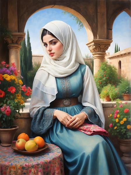 نقاشی بانوی ایرانی در عمارت باستانی با لباس سنتی آبی و گل