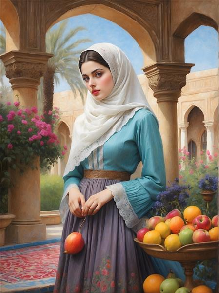 نقاشی دختر ایرانی با لباس سنتی و انار، در معماری قدیمی