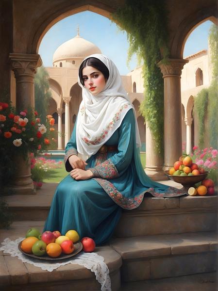 نقاشی زن ایرانی با لباس سنتی و میوه‌های تابستانی در عمارت
