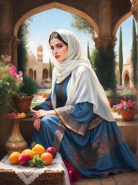 نقاشی دختر ایرانی در عمارت سنتی با گنبدهای معماری ایرانی