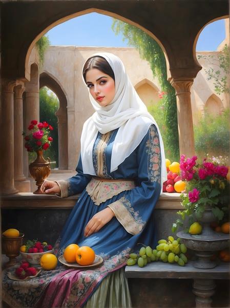 پرتره زن ایرانی در لباس سنتی و حیاط دلنشین، میوه و گل