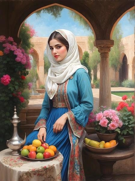 نقاشی بانوی ایرانی در حیاط عمارت با معماری سنتی، میوه و گلدان