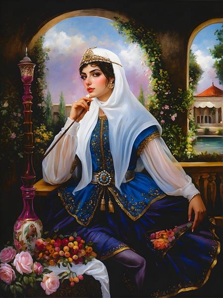 نقاشی بانوی قاجاری با لباس سنتی و جزئیات جواهر، منظره باغ