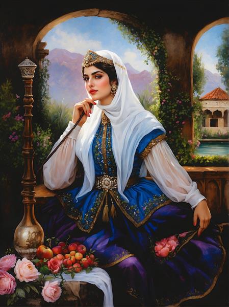 پرتره بانوی قاجاری با لباس آبی و میوه‌های فصلی، نقاشی کلاسیک