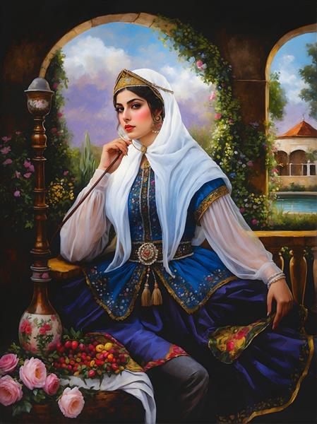 نقاشی زن قاجاری با لباس سنتی و گلدان قلیان