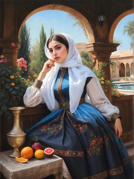 نقاشی بانوی قاجاری با لباس آبی گلدار و میوه‌های تازه